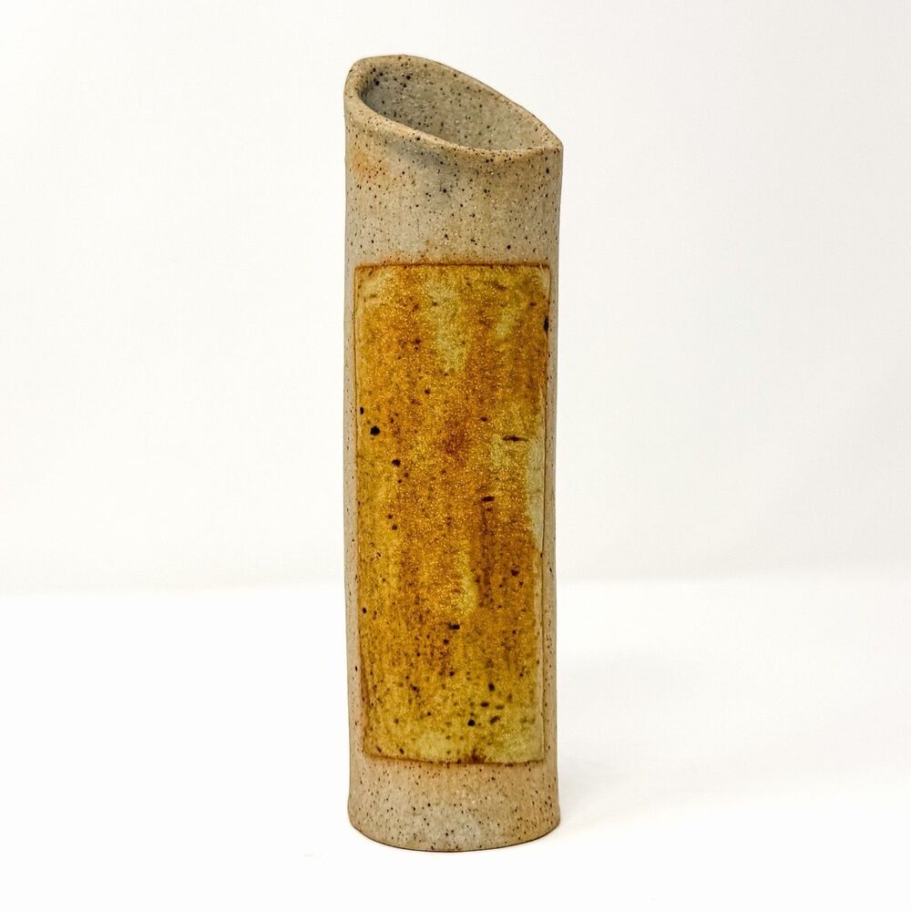 Vintage Signed Studio Pottery Hanging Cylinder Wall Vase Stoneware MCM Japanese